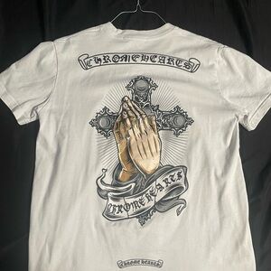 Chrome Hearts White Tee with Gold Prayer Hands and Black Cross Graphic